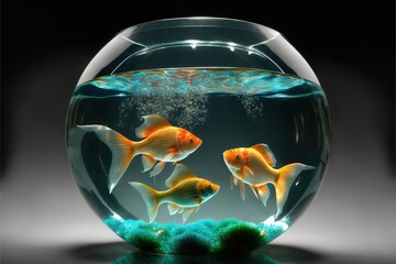 Wall Mural -  a group of goldfish swimming in a bowl of water with algae and bubbles on the bottom of the bowl, with a black background.  generative ai