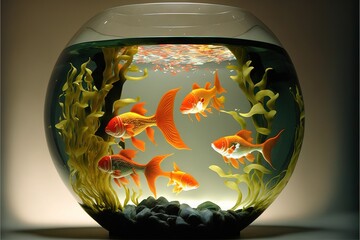  a fish bowl with goldfish in it and water in it's bottom and bottom, with rocks and plants in the bottom and bottom.  generative ai
