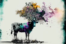  A Painting Of A Cow With A Tree On Its Head And Smoke Coming Out Of Its Back, With A White Background And A Black Border.  Generative Ai