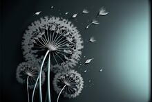  A Black And White Photo Of A Dandelion With Flying Butterflies In The Sky And A Dark Background With A Blue Tint To The Bottom.  Generative Ai