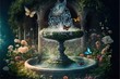  a painting of a fountain surrounded by flowers and butterflies in a garden with arches and arches in the background, with a fountain in the foreground.  generative ai