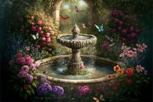  A Painting Of A Fountain Surrounded By Flowers And Butterflies In A Garden With An Arch In The Background And A Butterfly Flying Over The Fountain.  Generative Ai