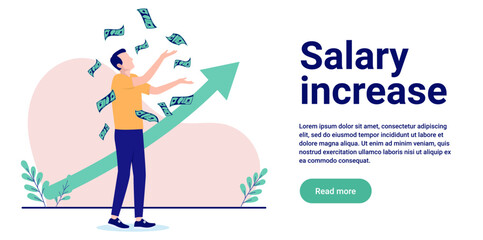 Fototapete - Salary increase and profit growth - Man standing in front of green arrow pointing up, making lots of money. Flat design vector illustration with white background and copy space for text