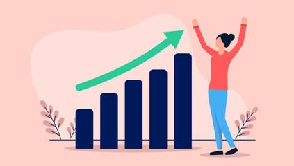 Aufkleber - Woman with financial success - Businesswoman with raised hands in front of rising graph and green arrow celebrating income growth and business profits. Flat design vector illustration