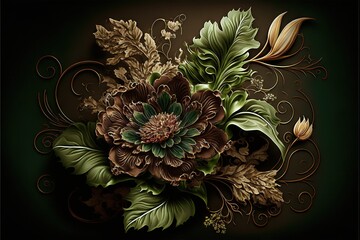  a painting of a bouquet of flowers on a green background with swirls and leaves on the bottom of the image and the bottom of the picture.  generative ai