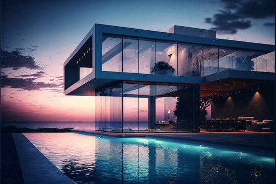 Wall Mural -  - Modern design architectural villa exterior with infinity pool. Designed using generative ai. 