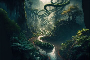  a river running through a lush green forest filled with trees and plants next to a lush green forest filled with trees and bushes, with a snake hanging overhanging.  generative ai