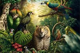 Fototapeta Dziecięca -  a painting of a jungle scene with a variety of exotic animals and birds, including a parrot, a leopard, a tiger, a bird, and a bird.  generative ai