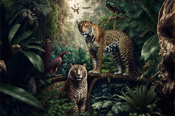 Poster - a painting of a tiger and a leopard in a jungle with birds and other animals in the background and a