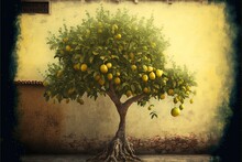  A Painting Of A Tree With Oranges Growing On It's Roots And A Yellow Wall In The Background With A Yellow Sky Above It.  Generative Ai