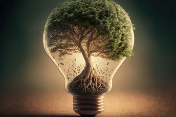 Wall Mural -  a light bulb with a tree inside of it on a brown surface with a green background and a black background with a light bulb with a tree inside of.  generative ai