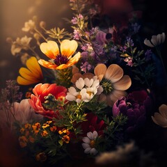 Wall Mural - A collection of different varieties of blooming flowers, arranged in a beautiful display in golden hour light 