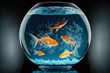 Wall Mural -  goldfish in a bowl of water with bubbles and bubbles on the bottom of the bowl, on a black background with a reflection of the water.  generative ai