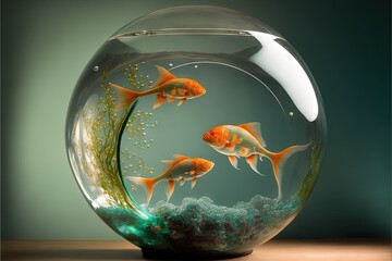  a fish bowl with goldfish in it on a wooden table with a green background and a blue wall behind it and a light green wall behind it.  generative ai