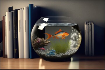 Wall Mural -  a fish in a bowl sitting on a table next to a bookshelf and a bookcase with books on it and a book.  generative ai