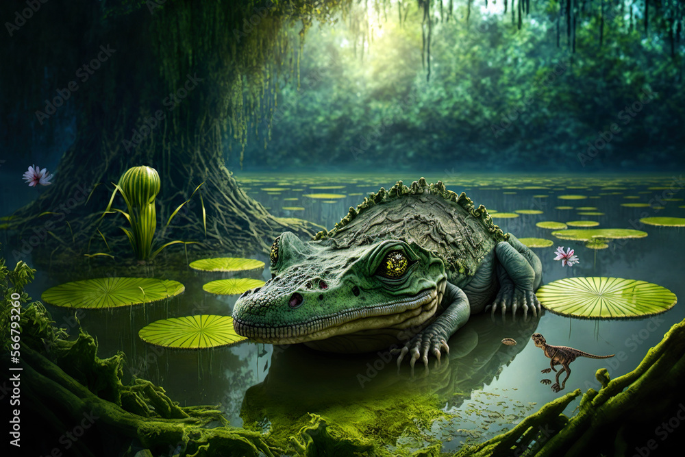 In an ancient alien world, different animal species live in the swamp, reptiles, amphibians and many alien species. An image of an alien world, which is an image created by an imagined AI.