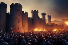 Storming Of Medieval Castle Fortress, Siege Of City Walls. The Battle Of Knights And Warriors For Helms Deep, Middle-earth. 3d Illustration. Generative AI