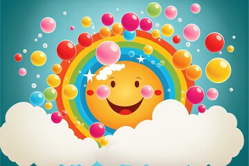 Sticker -  a cartoon sun with bubbles floating in the sky above a rainbow with a smile on it's face and a blue sky with white clouds and blue background.  generative ai