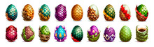 Cartoon Dragon Eggs With Colorful Textured Shell. Fantasy Cartoon Magic Fantasy Elements For Game User Interface Design, Dragon Eggs With Metal And Glass Scales. Mother Of Dragons. Big Vector Set