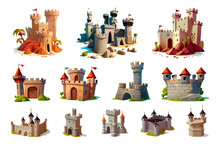 Fairytale Medieval Towers And Castles. Cartoon Towers, Kingdom Fortresses, Old Ancient Magic Castles Vector Illustration Set Isolated On White Background. Design For Cartoon, Book, Game. Vector 