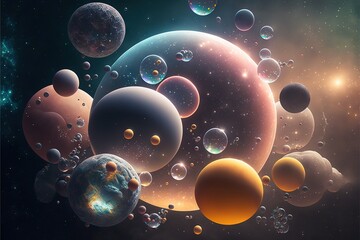   a bunch of bubbles floating in the air next to a space station with planets and stars in the background, with a black background with a blue and yellow border.  generative ai