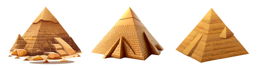 Cartoon Egyptian pyramids. Famous old historical buildings. Architectural monuments of great antiquity in the sand dunes, tourist center. Ancient architecture. Vector illustration