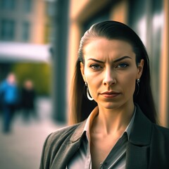 Mature attractive businesswoman posing outside her workplace looking at the camera serious. Generative AI