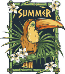 Wall Mural - Summer toucan with tropical leaves. Tropic background with bird and flowers for print and hawaii tiki bar