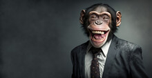 Chimpanzee, Chimp Monkey Dressed In A Business Mans Suit Covered In Dandruff Laughs Aggressively.  Portrait Of The Chimp On A Dark Background.  Generative Ai