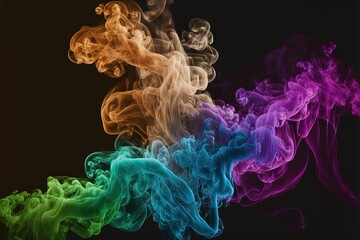  a group of colored smokes on a black background with a black background with a black background and a red, green, purple, pink, orange, and pink, and yellow smoke.  generative ai