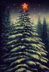 Wall Mural - New Year's tree with a star on top. Christmas forest at night. Holiday greeting card. AI-generated