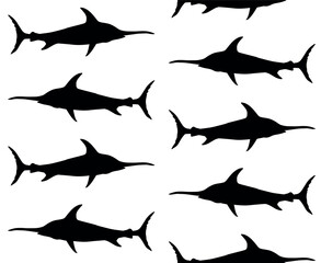 Poster - Vector seamless pattern of hand drawn swordfish silhouette isolated on white background