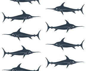 Canvas Print - Vector seamless pattern of hand drawn doodle sketch black swordfish isolated on white background