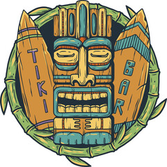 Poster - Tiki bar with tiki mask, surfs and tropical leavs. Exotic hawaiian mask and surfboards for summer surfing prints or tropic beach