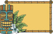 Tiki background with tiki mask, tropical frame and exotic leaves for summer hawaii surfing or beach bar