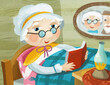 cartoon scene with grandmother resting in the bed reading book illustration for children