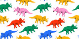 Fototapeta Dinusie - Retro dinosaur doodle seamless pattern illustration. Colorful 90s style dinosaurs background for educational concept or children toy print. Triceratops repeat texture wallpaper art.