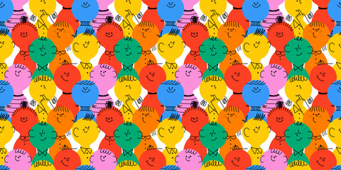 diverse colorful children people crowd seamless pattern illustration. multi color little kid cartoon