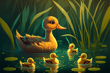 Duck With Ducklings Swims, Cartoon Style, Generative AI