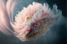  A Large Pink Flower With A Blue Center Surrounded By White And Pink Smoke And Smoke Billowing From The Center Of The Flower, With A Black Background.  Generative Ai