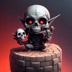 Wall Mural - Charming and eerie plastic toy skull goblin with human skull. AI generated 3D