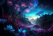 Fantasy forest at night, magic glowing flowers in fairytale woods, mountain landscape of wonderland. Concept of nature, fairy, world.