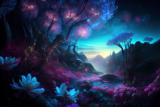 fantasy forest at night, magic glowing flowers in fairytale wood, generative ai