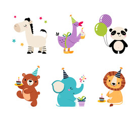 Canvas Print - Cute Animal Characters Celebrating Birthday Holiday with Cake, Gift and Balloons Vector Set