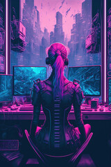 Blonde girl woman from the back with headphones sitting in front of two monitors, cyberpunk pink magenta blue colors, cyborg, dystopia 