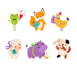 Fototapeta Pokój dzieciecy - Cute Animal Characters Celebrating Birthday Holiday with Whistle and Gift Box Vector Set