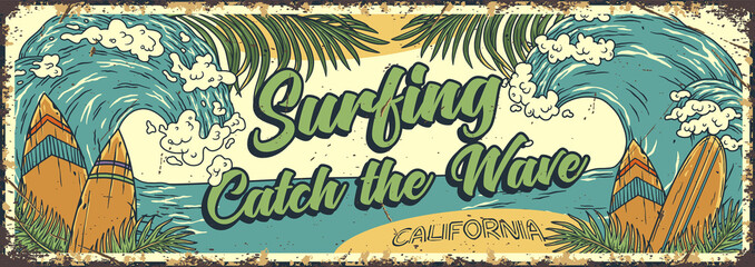 Sticker - Surfing summer sign. Catch the surf wave poster. Surf time for surfer in chill bar