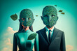 Portrait surréaliste d'un homme et d'une femme avec un masque de feuilles vertes - Générative IA