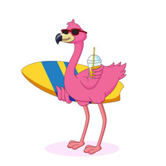 cute flamingo cartoon carrying a surfboard