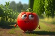 Lustige Cartoon Tomate bei der Ernte. Fröhliche Comicfigur mit niedlichem Aussehen. Diese leckere Tomate freut sich gepflückt zu werden.